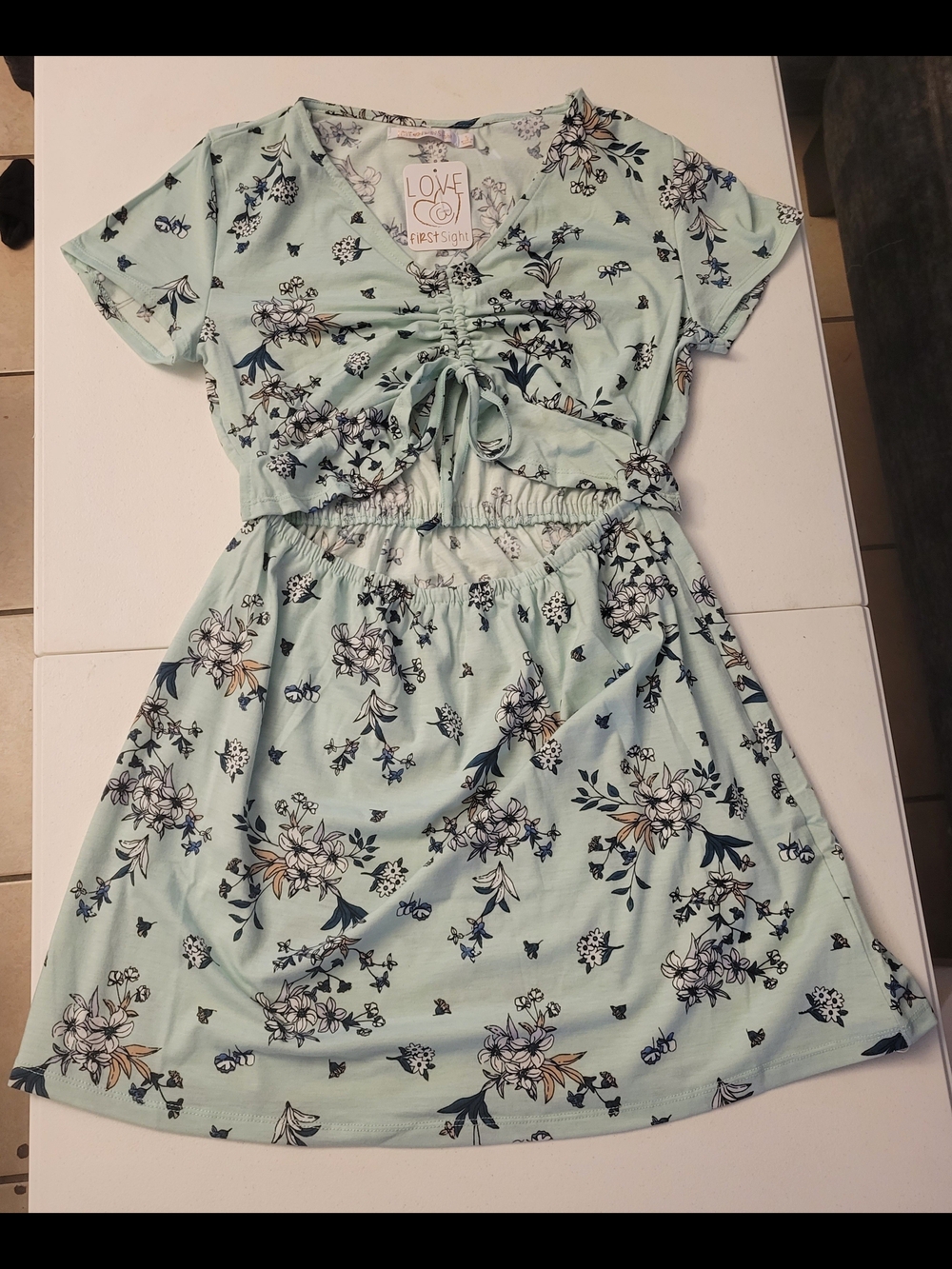 Pastel Mint Floral Cut Out Mini Dress - Size L